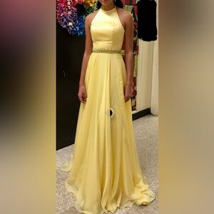 Sherri Hill Yellow Halter Chiffon Dress